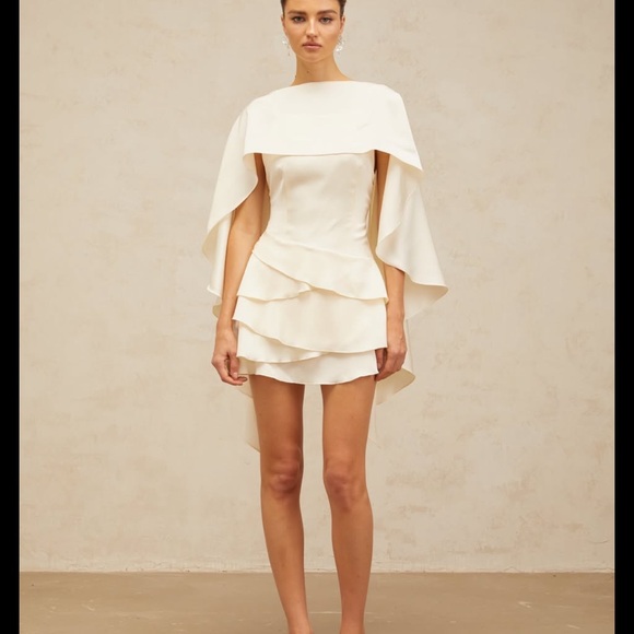 Lyna White Satin Ruffled Mini Dress with Shawl Panel Detail - Picture 1 of 11